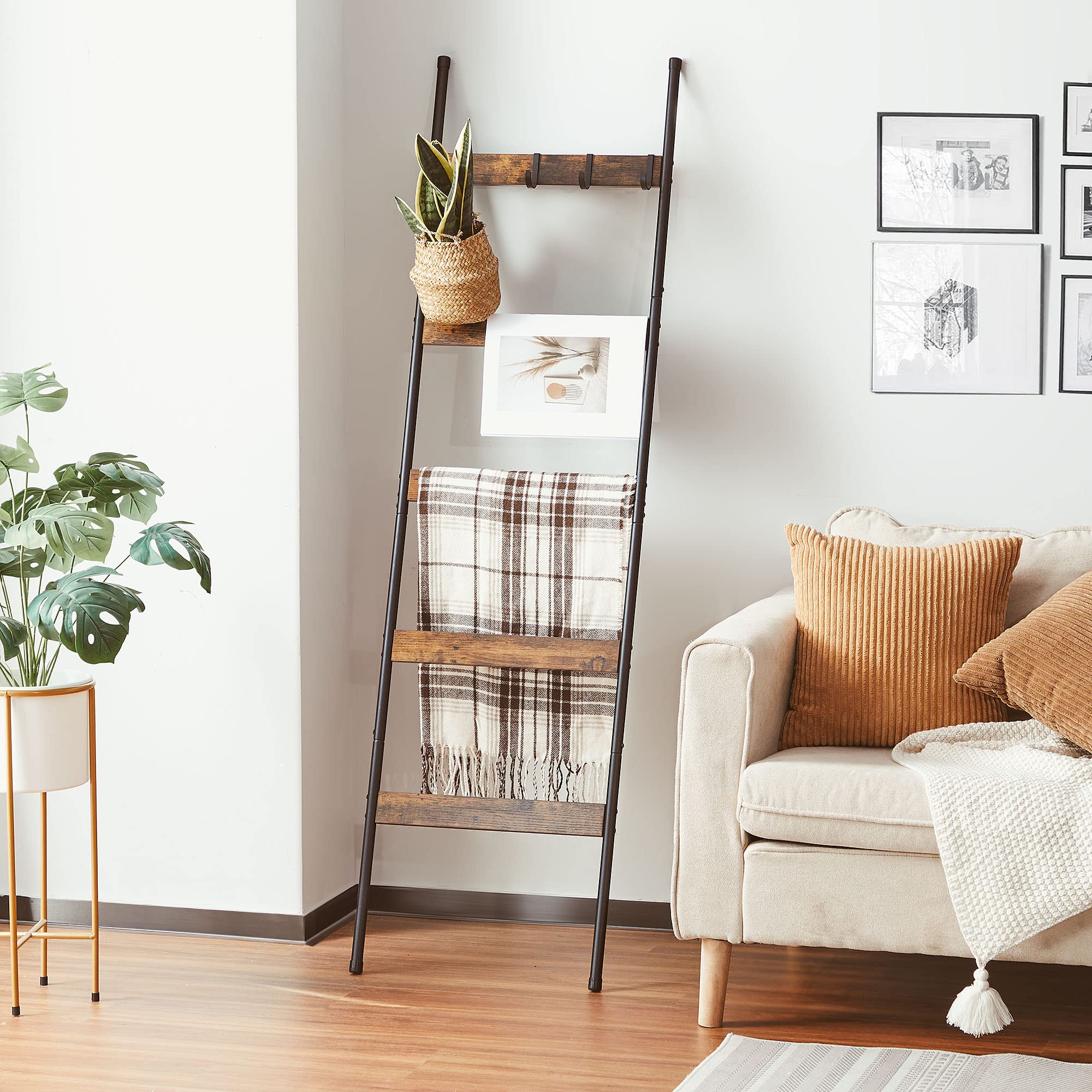Elyken Blanket Ladder For Living Room, Farmhouse 5 -Tier Quilt Holder With 4 Removable Hooks For Bathroom, Wood Towel Rack Displ